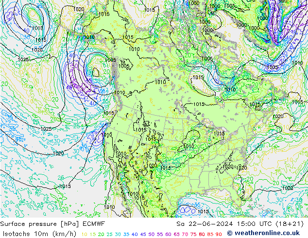 Isotachs (kph) ECMWF So 22.06.2024 15 UTC