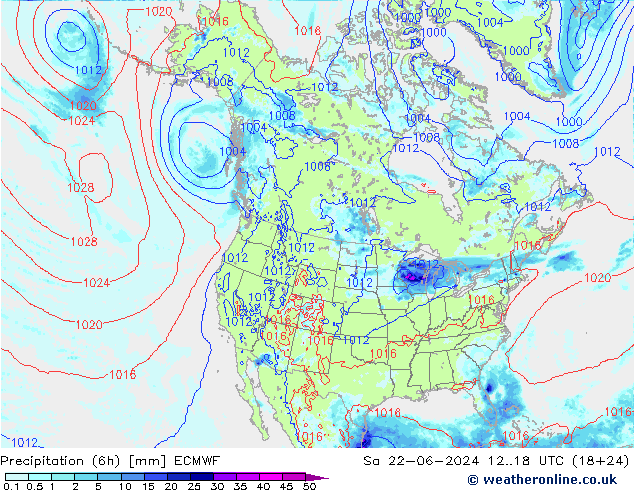 降水量 (6h) ECMWF 星期六 22.06.2024 18 UTC