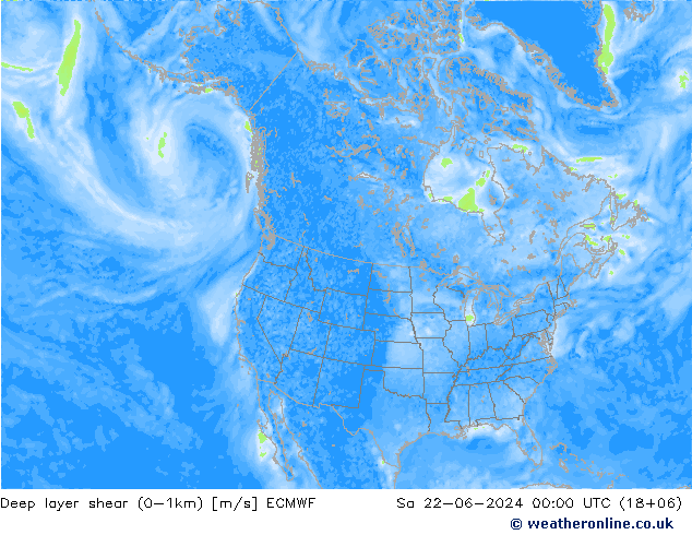 Deep layer shear (0-1km) ECMWF Sa 22.06.2024 00 UTC