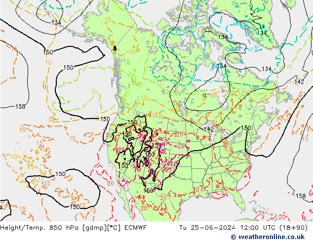 Geop./Temp. 850 hPa ECMWF mar 25.06.2024 12 UTC