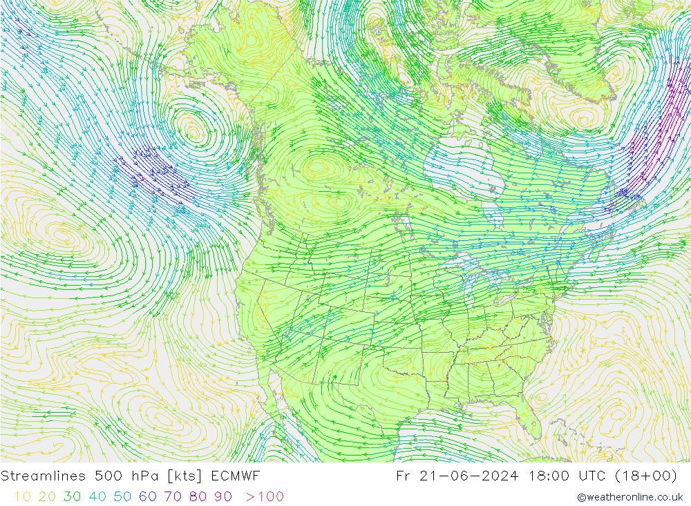 Stromlinien 500 hPa ECMWF Fr 21.06.2024 18 UTC