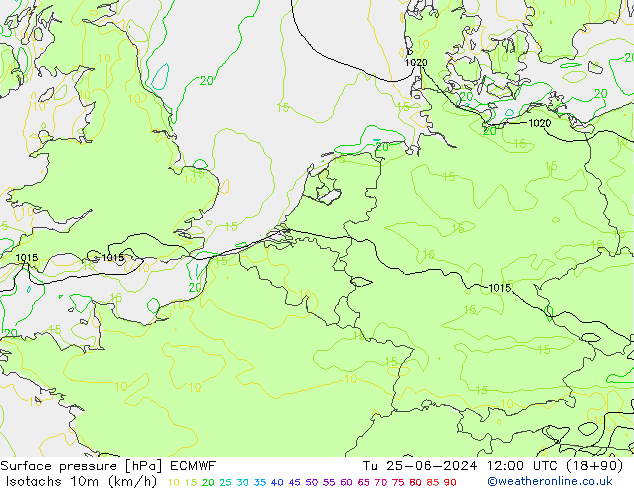 Isotaca (kph) ECMWF mar 25.06.2024 12 UTC