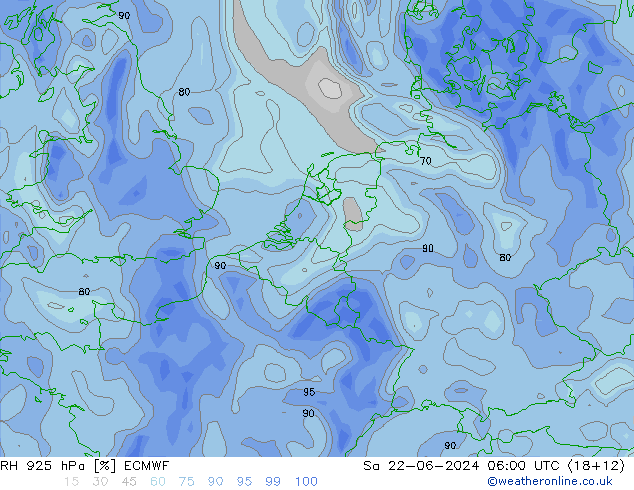 Humedad rel. 925hPa ECMWF sáb 22.06.2024 06 UTC