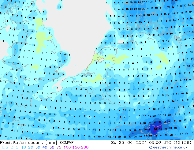 Precipitation accum. ECMWF Su 23.06.2024 09 UTC