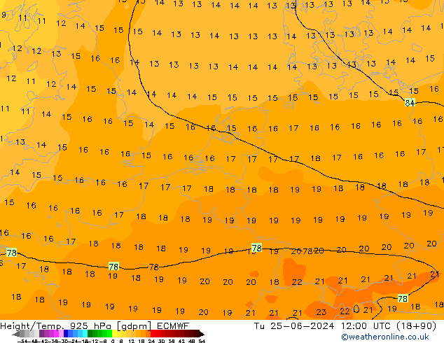 Hoogte/Temp. 925 hPa ECMWF di 25.06.2024 12 UTC