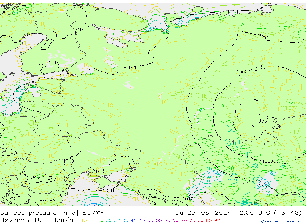 Eşrüzgar Hızları (km/sa) ECMWF Paz 23.06.2024 18 UTC