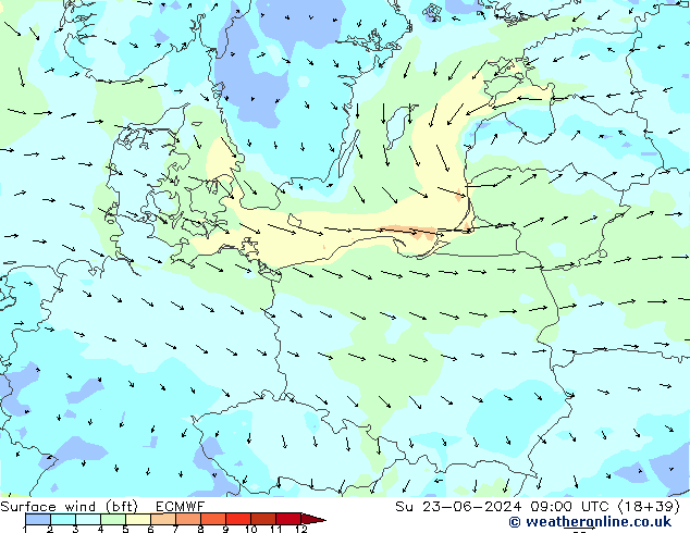 Vent 10 m (bft) ECMWF dim 23.06.2024 09 UTC