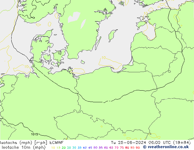 Isotachen (mph) ECMWF Di 25.06.2024 06 UTC