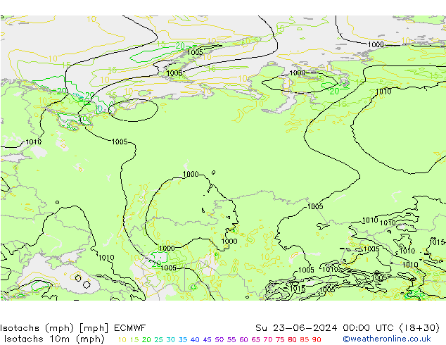 Isotachs (mph) ECMWF Su 23.06.2024 00 UTC