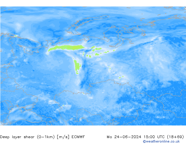 Deep layer shear (0-1km) ECMWF lun 24.06.2024 15 UTC