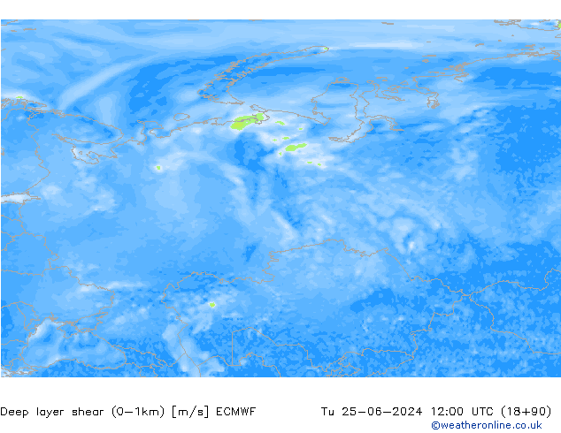 Deep layer shear (0-1km) ECMWF wto. 25.06.2024 12 UTC