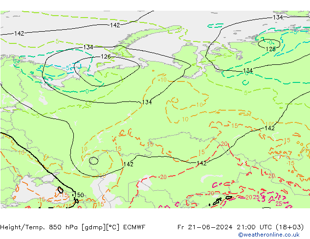 Hoogte/Temp. 850 hPa ECMWF vr 21.06.2024 21 UTC