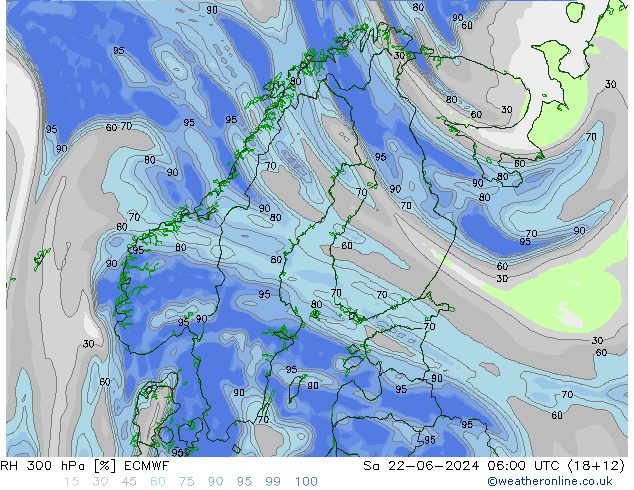 RH 300 hPa ECMWF so. 22.06.2024 06 UTC