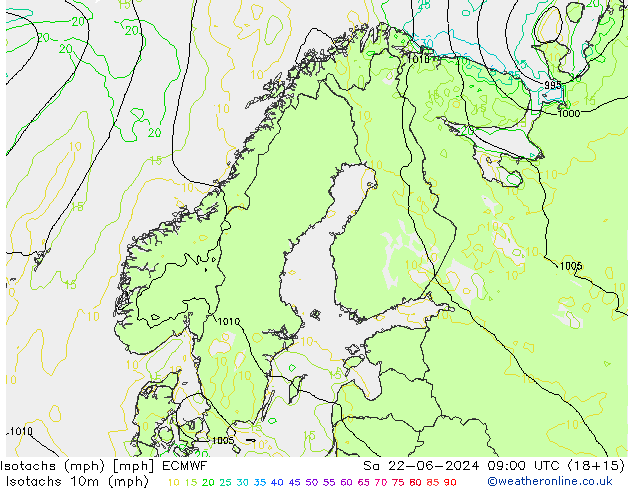 Isotachs (mph) ECMWF Sa 22.06.2024 09 UTC