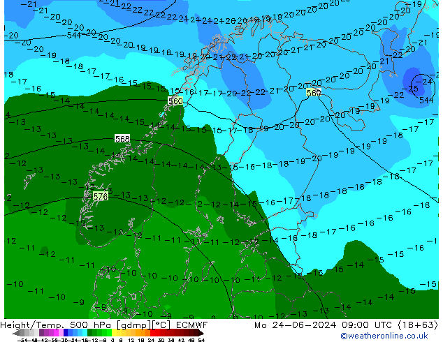 Height/Temp. 500 hPa ECMWF Mo 24.06.2024 09 UTC