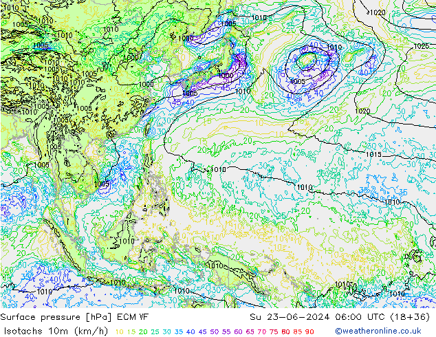 Isotaca (kph) ECMWF dom 23.06.2024 06 UTC