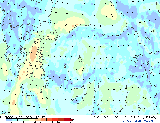 Vent 10 m (bft) ECMWF ven 21.06.2024 18 UTC