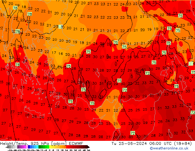 Height/Temp. 925 hPa ECMWF  25.06.2024 06 UTC