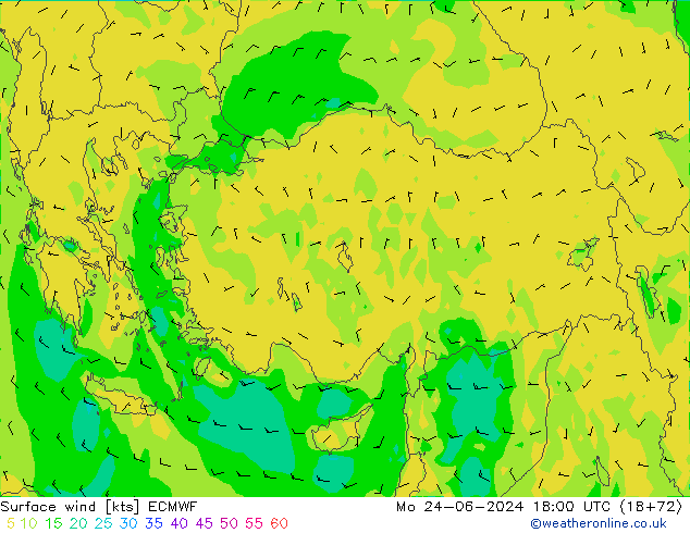 Rüzgar 10 m ECMWF Pzt 24.06.2024 18 UTC