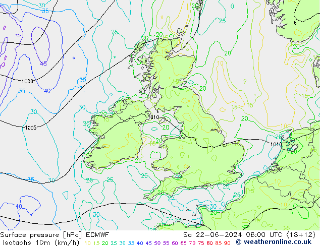 Isotachs (kph) ECMWF sam 22.06.2024 06 UTC