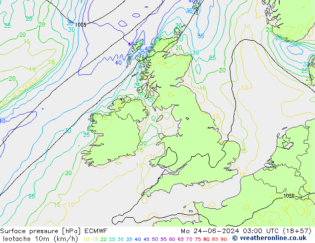 Isotachs (kph) ECMWF lun 24.06.2024 03 UTC