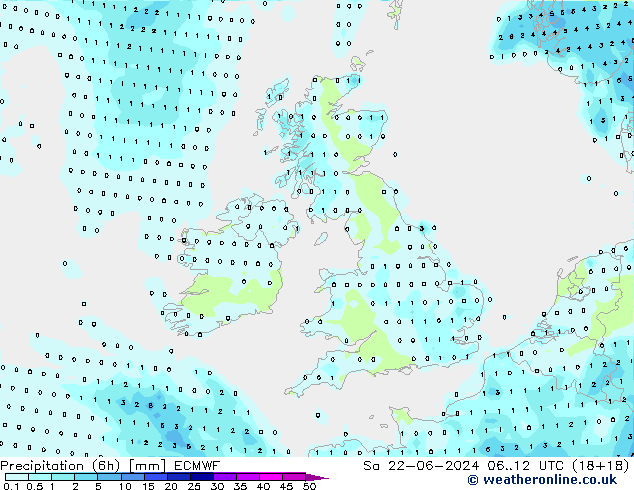 Precipitation (6h) ECMWF Sa 22.06.2024 12 UTC