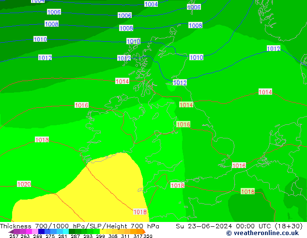 Thck 700-1000 hPa ECMWF Su 23.06.2024 00 UTC