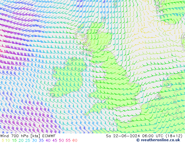 Wind 700 hPa ECMWF Sa 22.06.2024 06 UTC