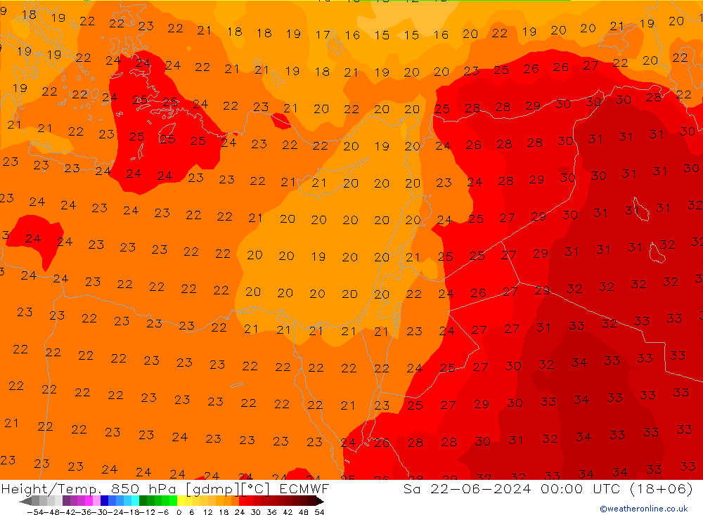 Height/Temp. 850 гПа ECMWF сб 22.06.2024 00 UTC