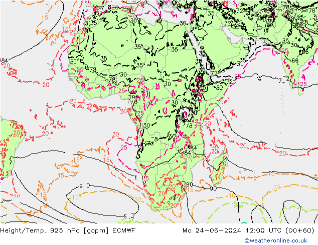 Hoogte/Temp. 925 hPa ECMWF ma 24.06.2024 12 UTC