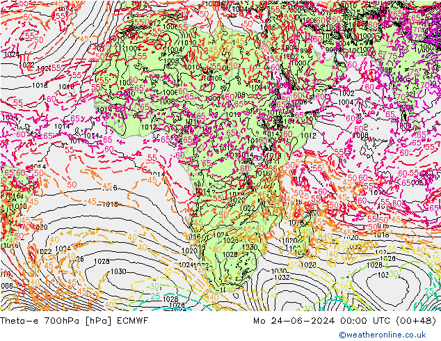 Theta-e 700hPa ECMWF lun 24.06.2024 00 UTC