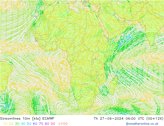 Línea de corriente 10m ECMWF jue 27.06.2024 06 UTC