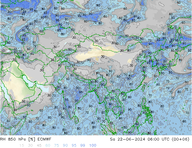 RH 850 hPa ECMWF sab 22.06.2024 06 UTC