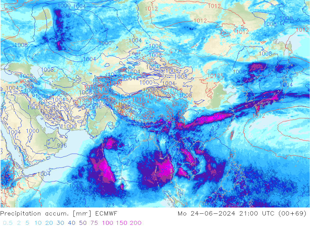 Precipitation accum. ECMWF Mo 24.06.2024 21 UTC