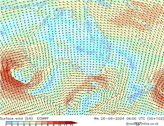 Surface wind (bft) ECMWF We 26.06.2024 06 UTC