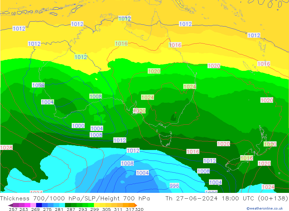 Thck 700-1000 hPa ECMWF gio 27.06.2024 18 UTC