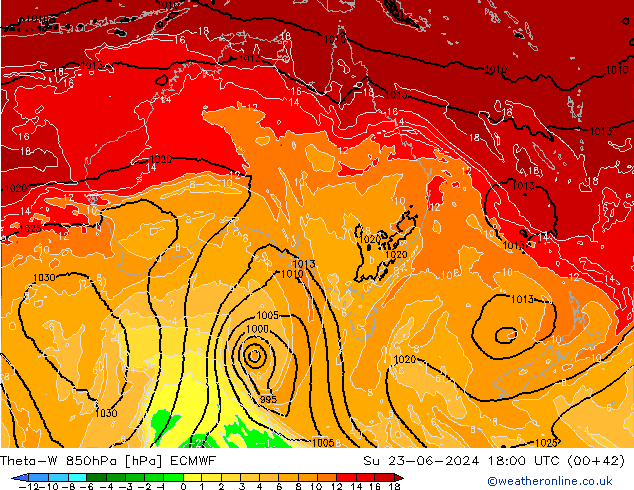 Theta-W 850гПа ECMWF Вс 23.06.2024 18 UTC