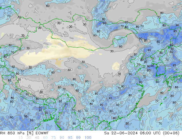 RH 850 hPa ECMWF 星期六 22.06.2024 06 UTC