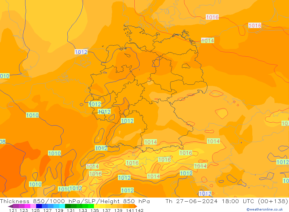 Dikte 850-1000 hPa ECMWF do 27.06.2024 18 UTC