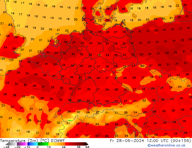 Temperature (2m) ECMWF Fr 28.06.2024 12 UTC