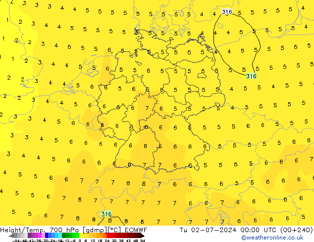 Height/Temp. 700 hPa ECMWF wto. 02.07.2024 00 UTC