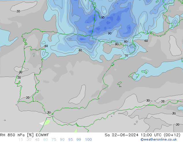 Humedad rel. 850hPa ECMWF sáb 22.06.2024 12 UTC