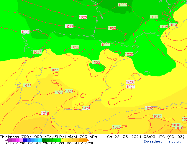 Thck 700-1000 hPa ECMWF Sa 22.06.2024 03 UTC