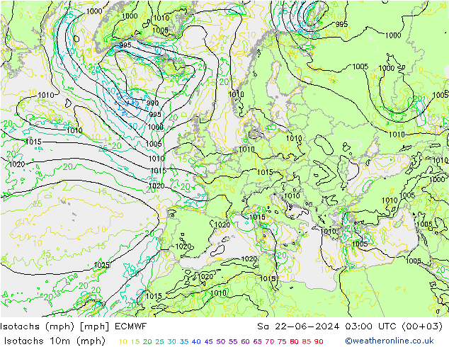 Isotaca (mph) ECMWF sáb 22.06.2024 03 UTC