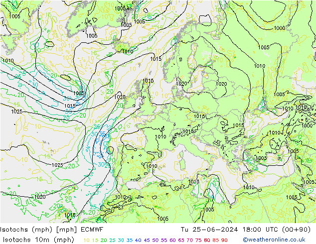 Isotachen (mph) ECMWF di 25.06.2024 18 UTC