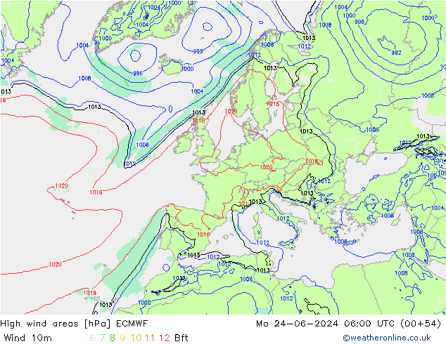 High wind areas ECMWF  24.06.2024 06 UTC