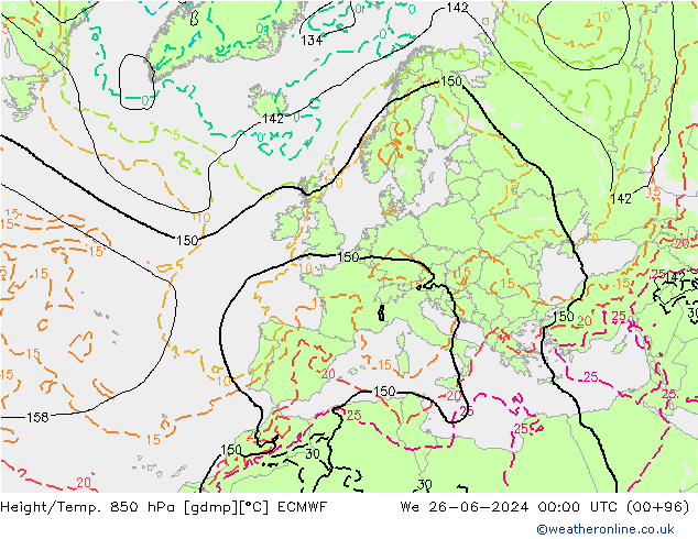 Z500/Yağmur (+YB)/Z850 ECMWF Çar 26.06.2024 00 UTC