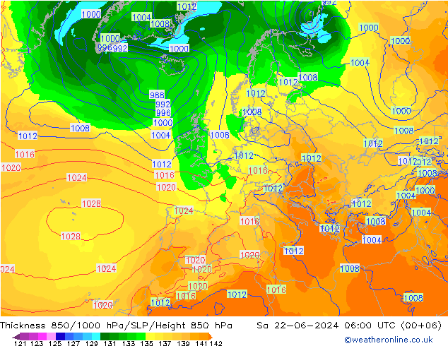 Thck 850-1000 гПа ECMWF сб 22.06.2024 06 UTC