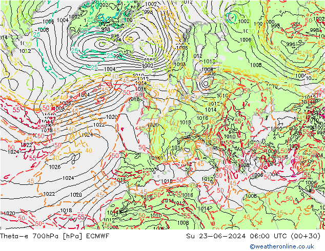 Theta-e 700hPa ECMWF  23.06.2024 06 UTC