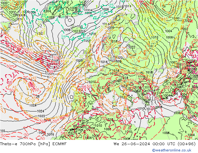 Theta-e 700hPa ECMWF śro. 26.06.2024 00 UTC